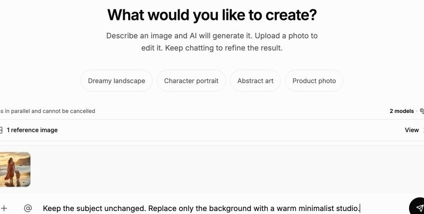 Chat to image composer with two models, one reference, and a focused English follow-up edit