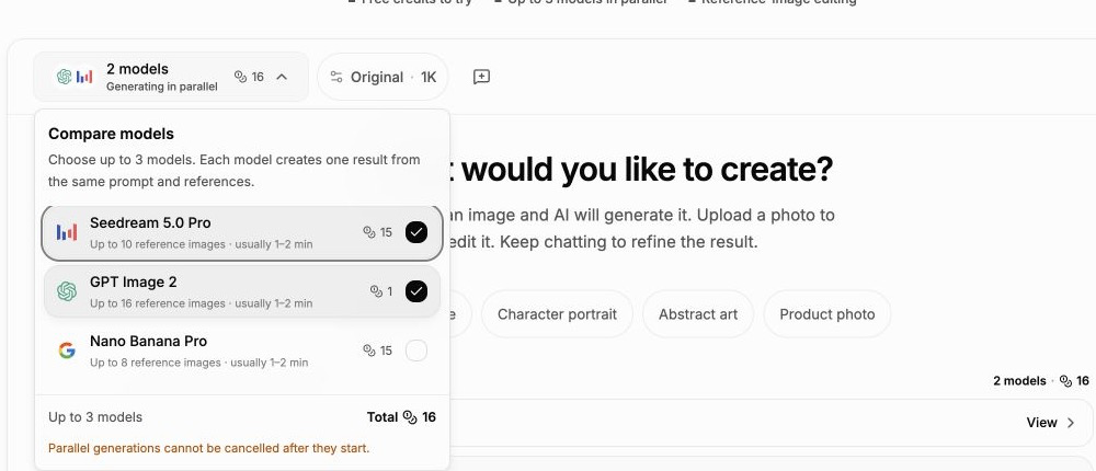 Two AI image models displaying generated results side by side with continue editing buttons