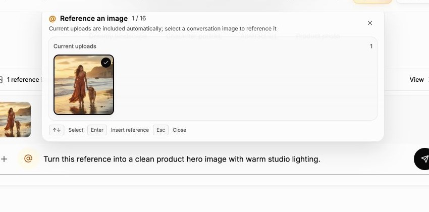 At-sign image reference picker showing the current upload and English reference controls