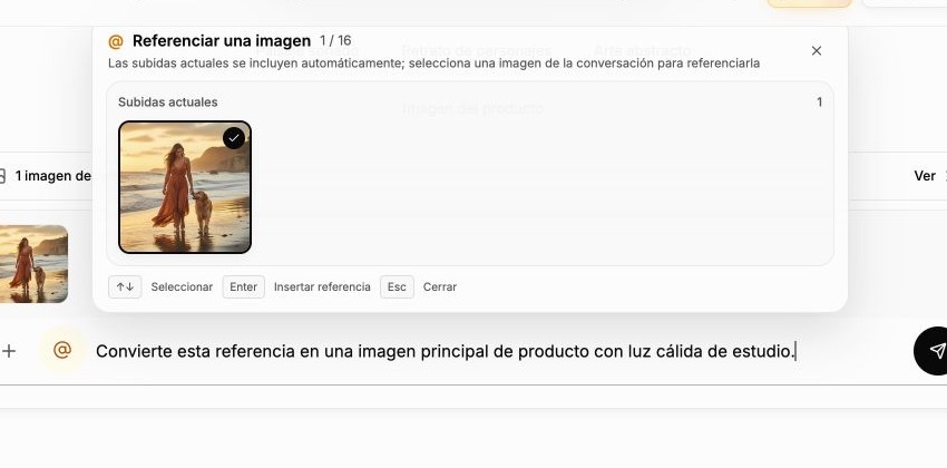 Selector de imágenes con arroba de ImgPilot mostrando una subida y referencias de la conversación