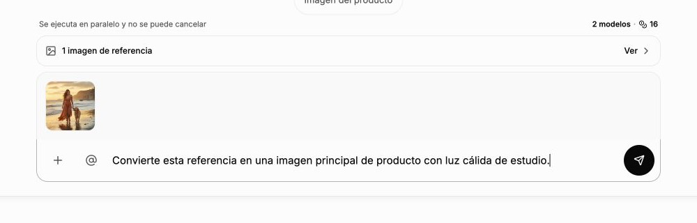 Cuadro de ImgPilot con una referencia subida y una petición detallada de edición en español