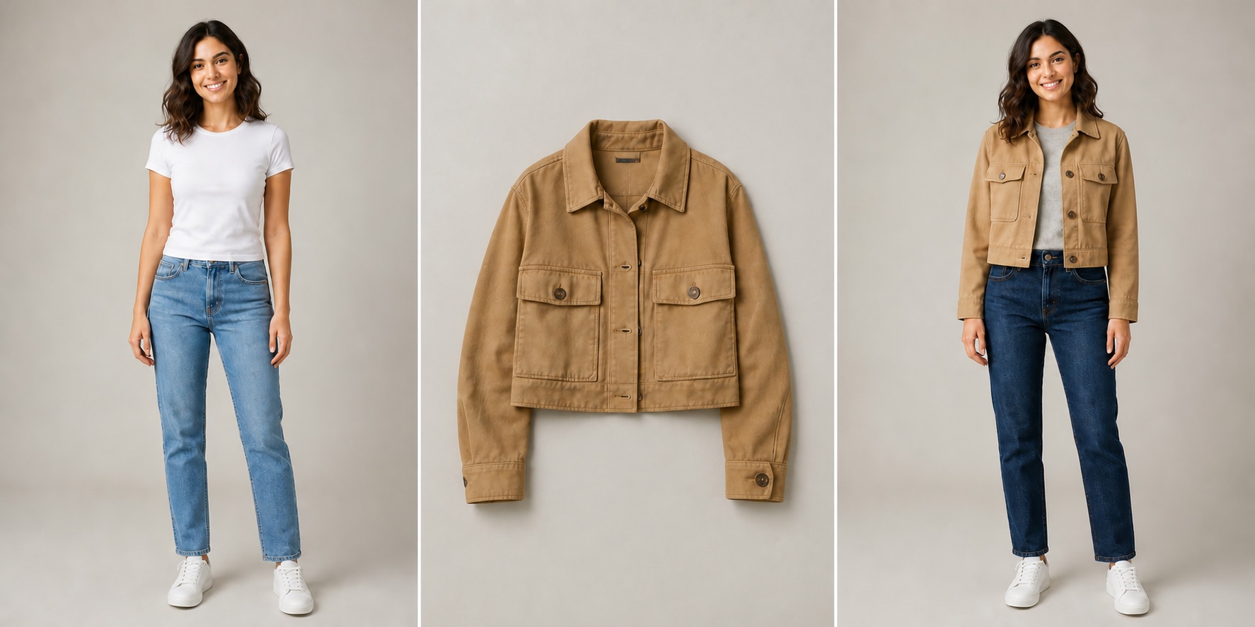AI clothes changer before, single camel jacket garment, and after comparison