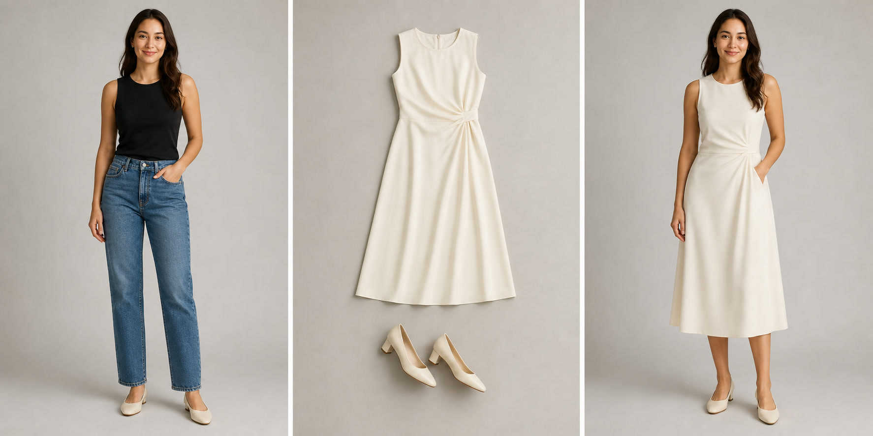 AI clothes changer before, ivory dress outfit, and after comparison
