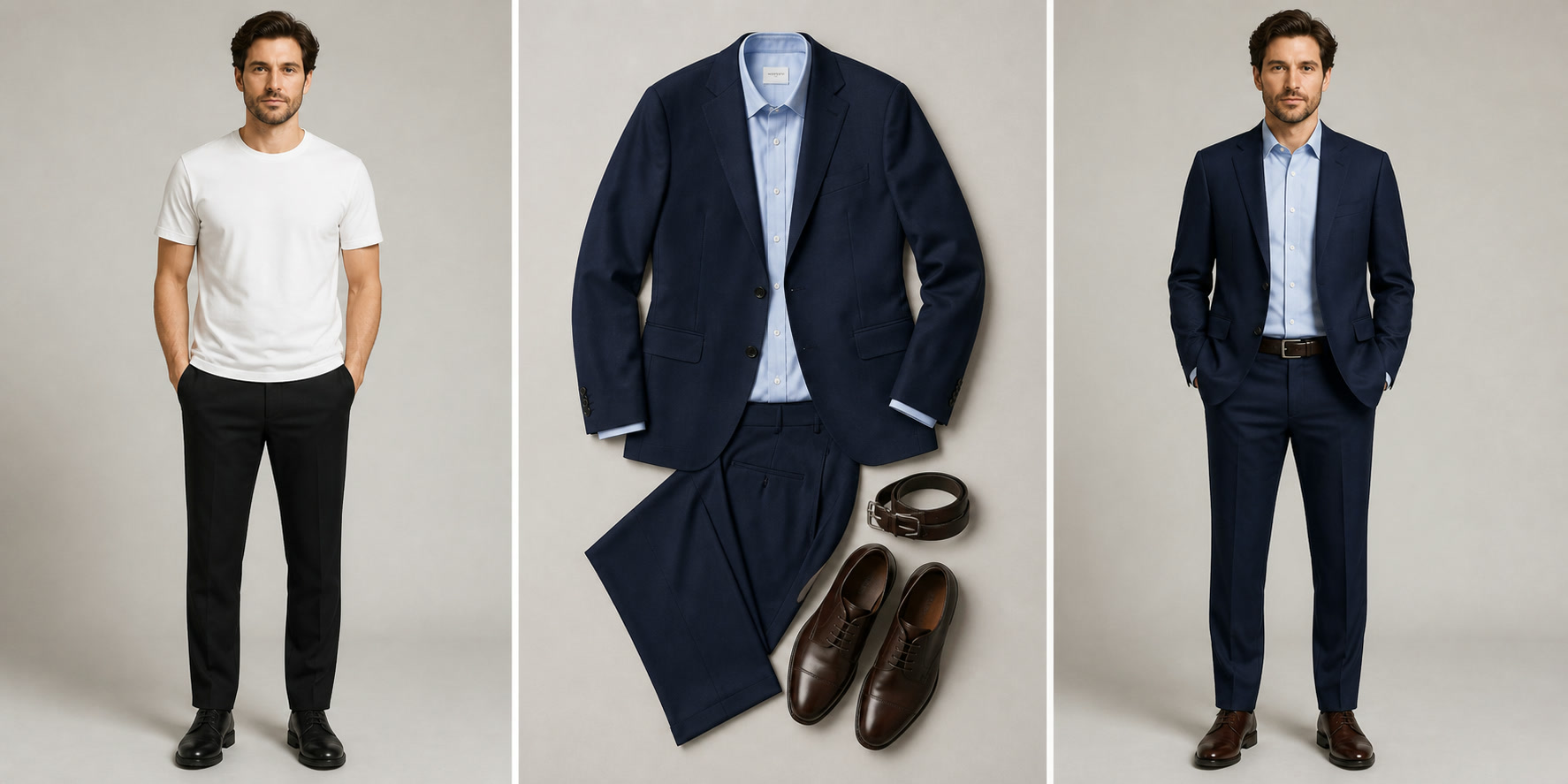 AI clothes changer before, navy suit outfit, and after comparison