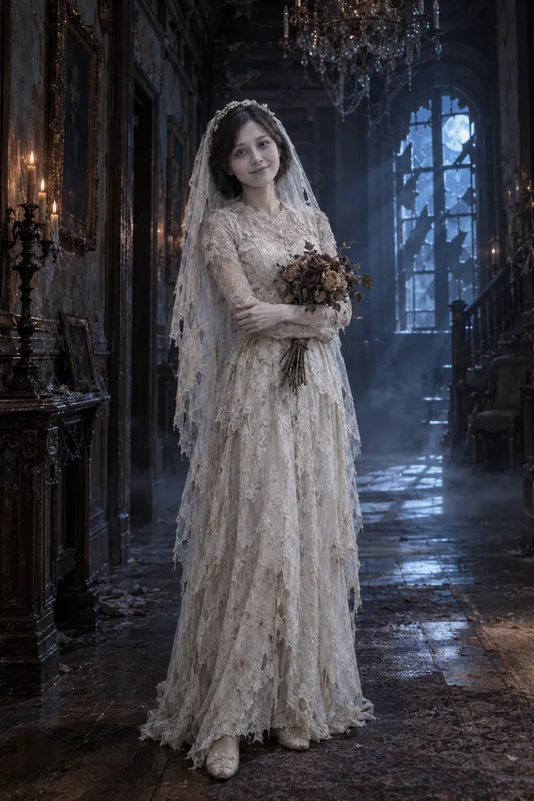 Disfraz y maquillaje de Novia fantasma probados con IA en una foto cotidiana