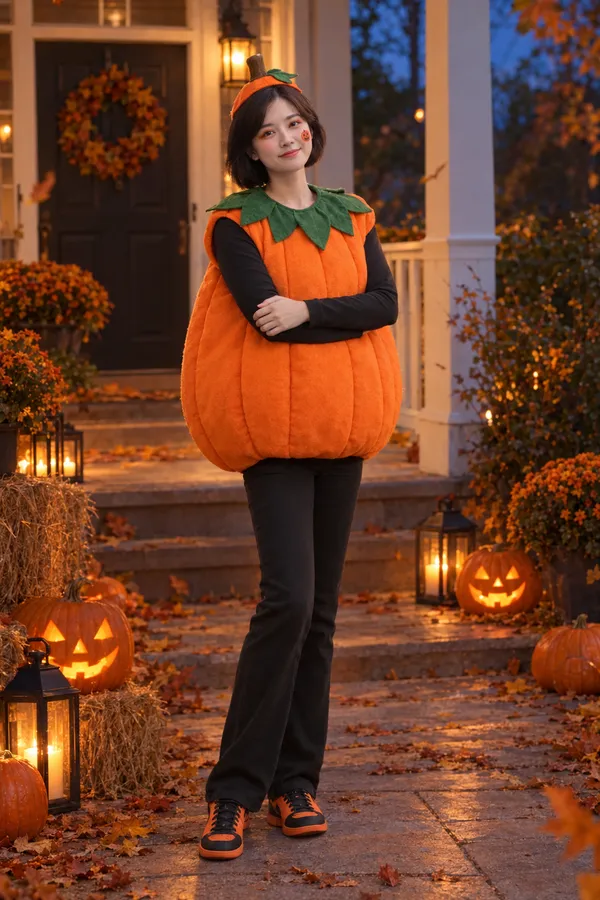Disfraz y maquillaje de Calabaza probados con IA en una foto cotidiana
