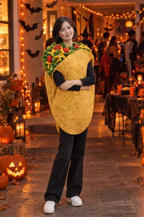 Disfraz y maquillaje de Taco probados con IA en una foto cotidiana