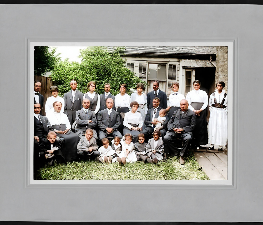 Before and after AI restoration of a circa-1920 family group photograph — After