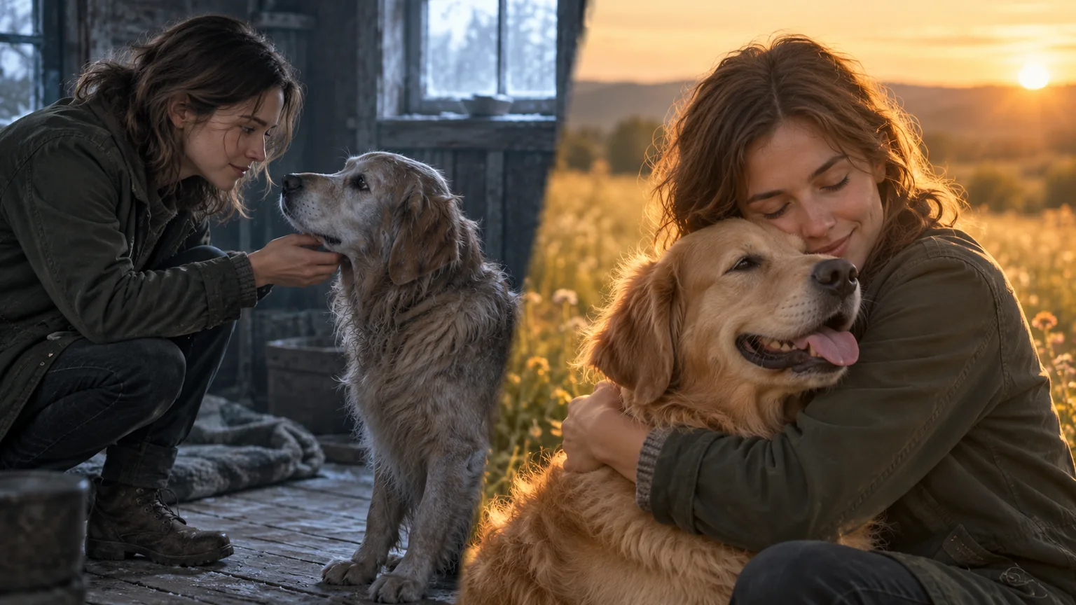 A woman reunites with her zombie dog, then embraces the healthy dog in a meadow