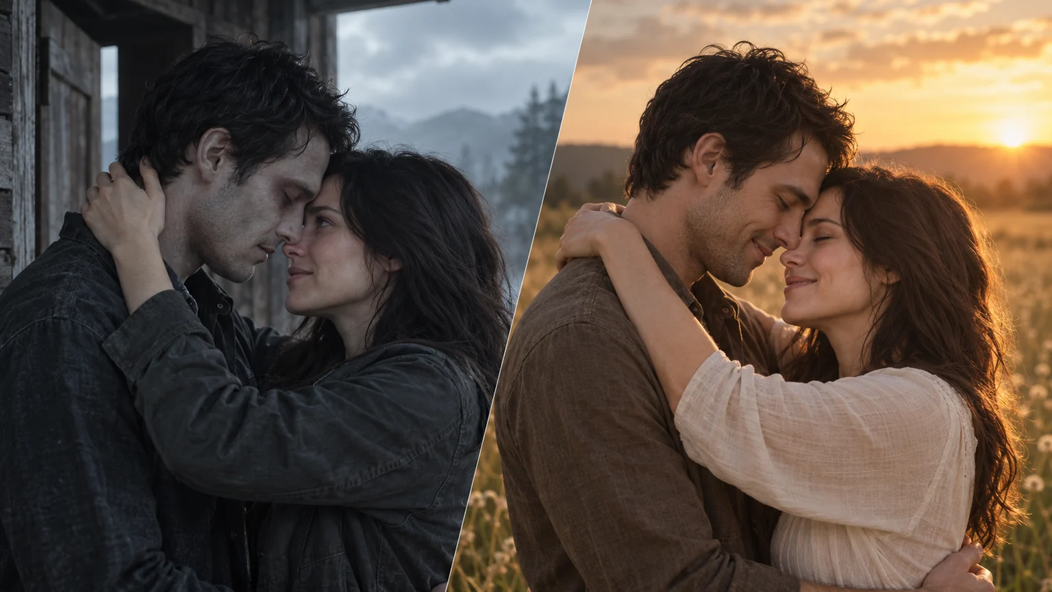 A couple embraces in a cool abandoned cabin and in a warm sunlit memory