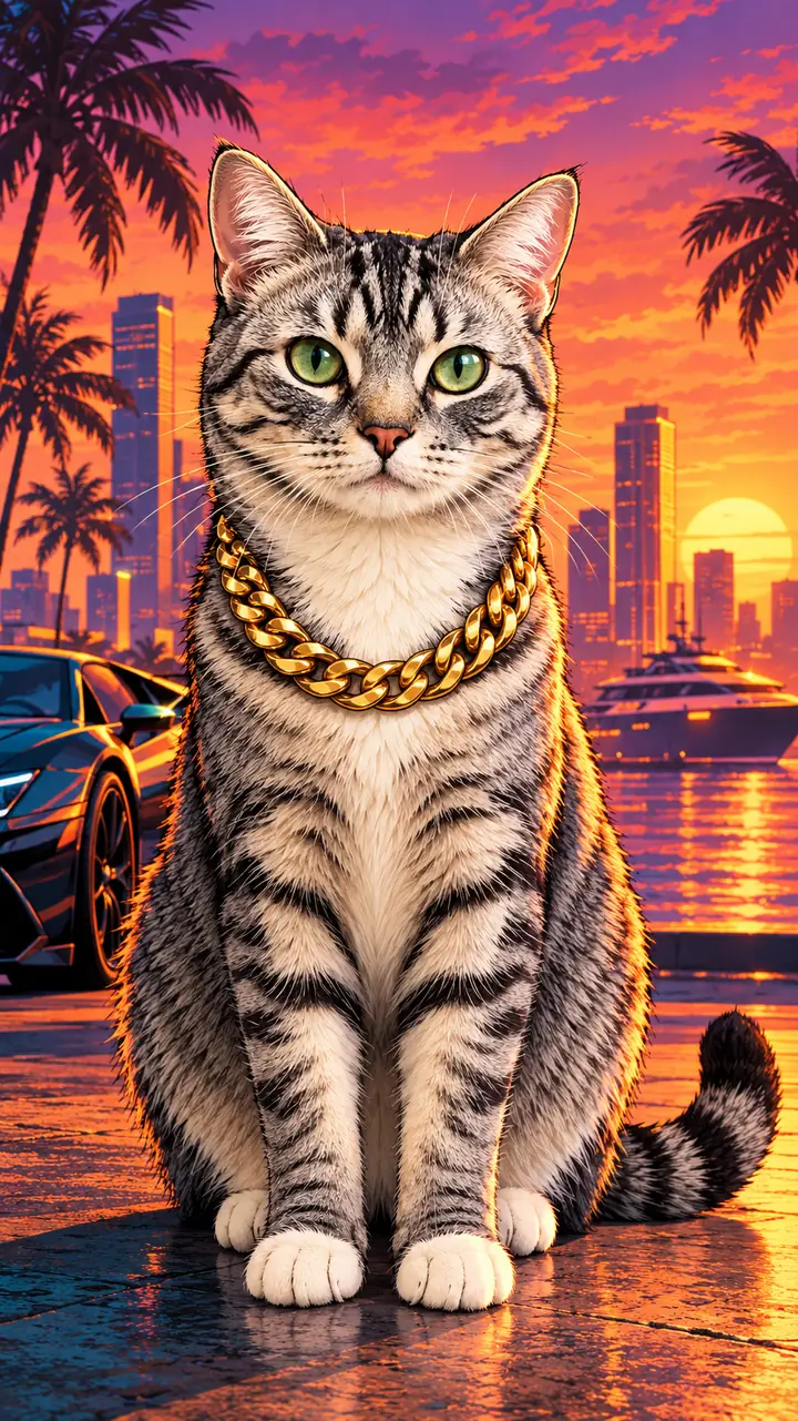 The same cat as a GTA crime boss in classic GTA art style