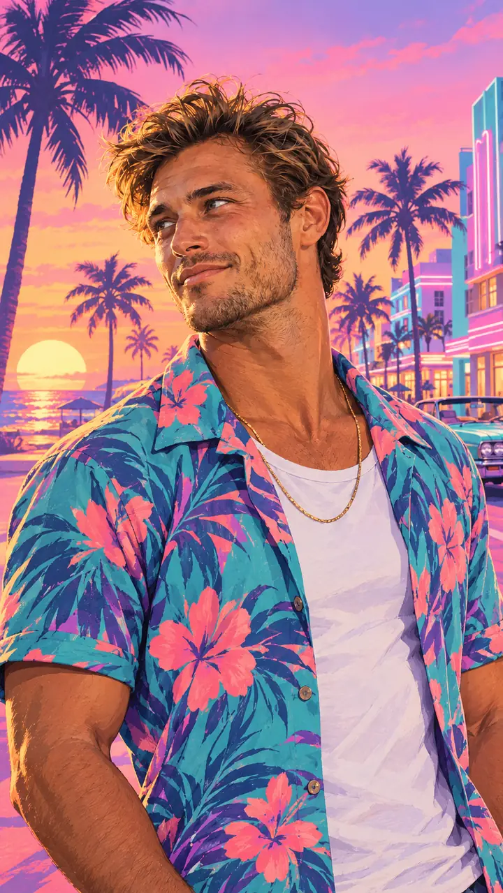 The same selfie in a 1980s Vice City style